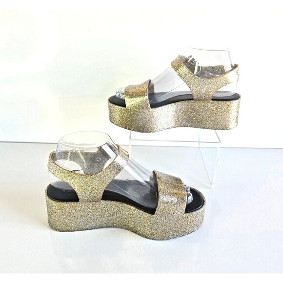 MELISSA Women's Mar Platform Sandals Gold Glitter 7 38 Slingback Jelly Sparkly - Picture 8 of 11